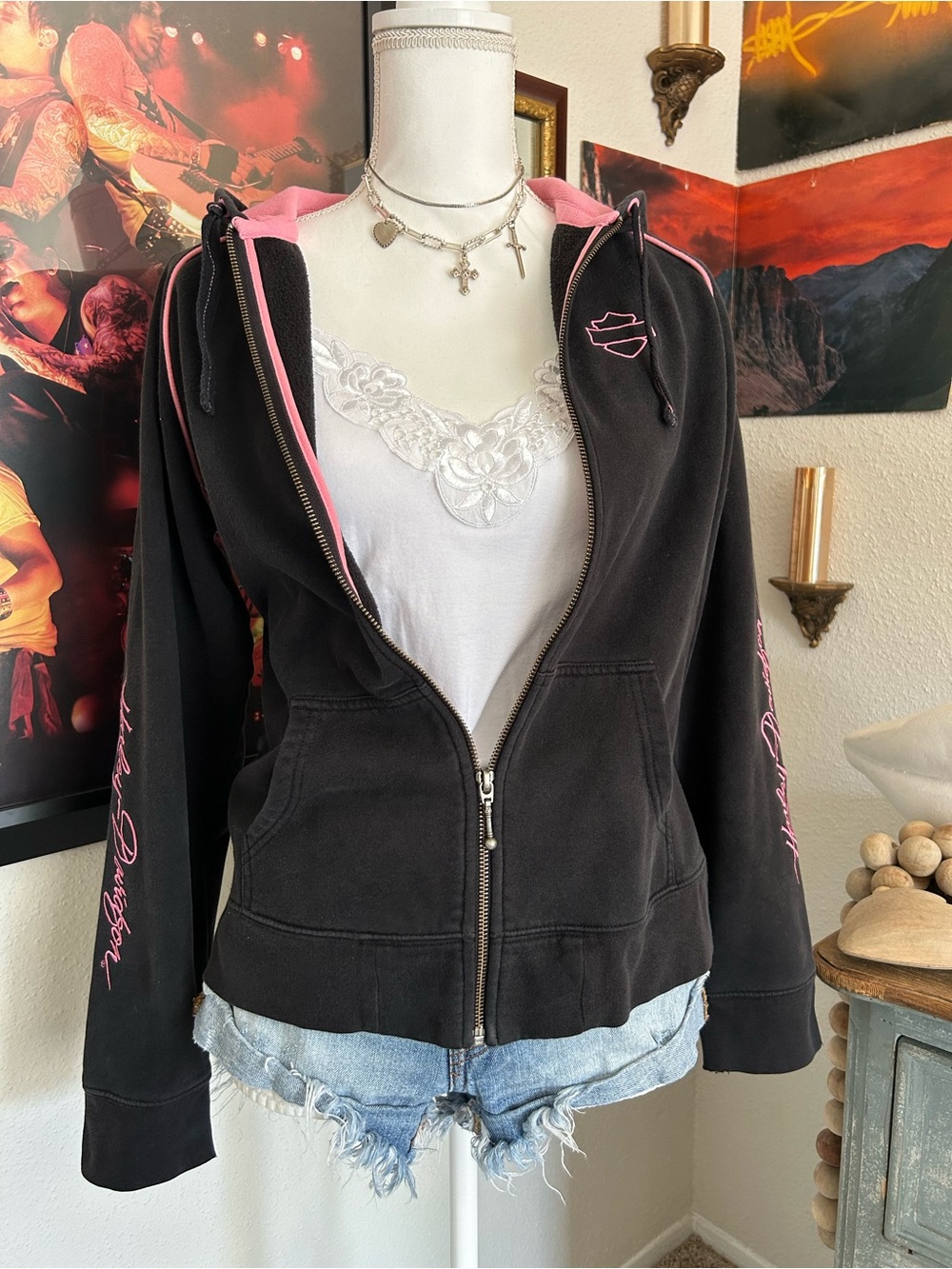 Y2K Harley Davidson Jacket Women’s Zip Up L Black and Pink Hood 2000s Biker Vtg